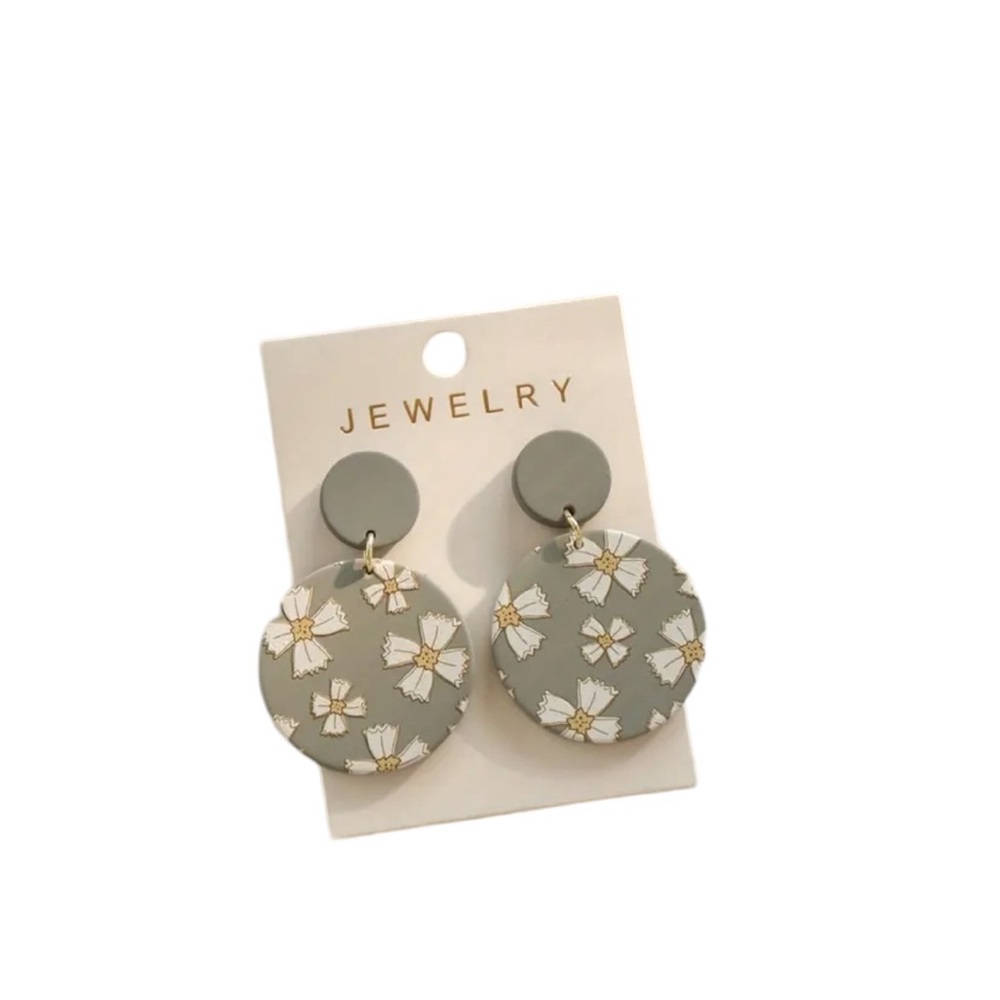 Round Gray and White Floral Disc Drop Earrings